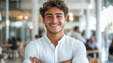 Obraz premium Portrait of a Smiling Young Man in a White Shirt