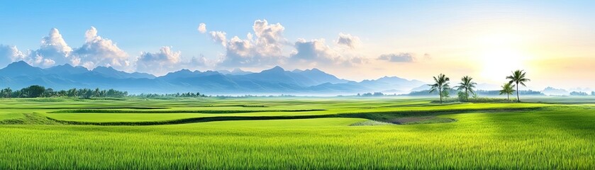Fototapeta premium Tranquil rural landscape at dawn, serene countryside, early morning peace
