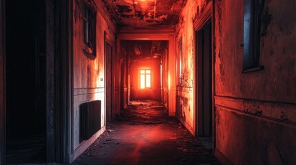 Obraz premium A corridor in an abandoned building bathed in fiery light, exuding mystery and intrigue during the quiet, enigmatic evening