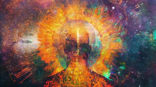 Time mystery. Man with burning halo