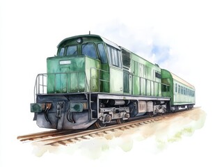 Obraz premium Watercolor Illustration of a Green Train Locomotive on Tracks