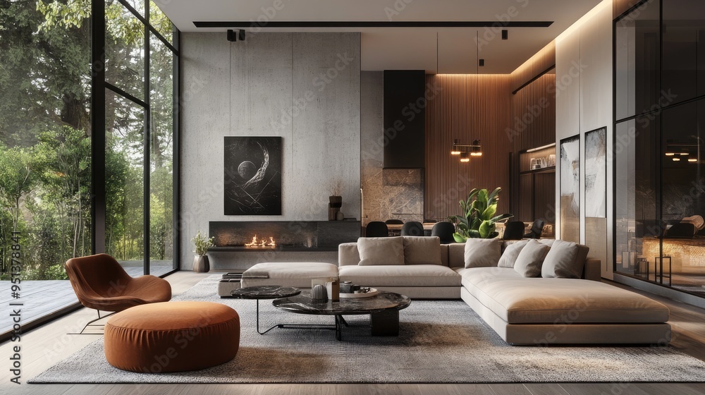 Poster modern architectural interior with open spaces and cozy design features, creating a harmonious blend