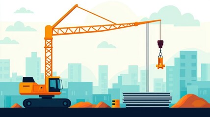 Obraz premium Crane hoisting steel rods on a construction site, flat vector style, rugged industrial palette