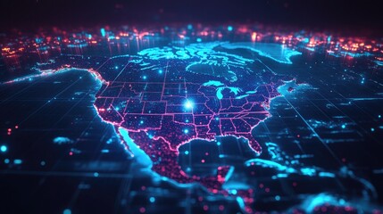 Fototapeta premium A futuristic digital map of North America with glowing cityscapes and technological elements,