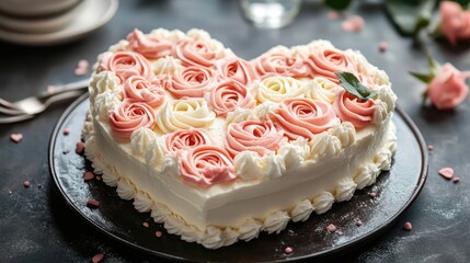Heart-Shaped Cake Decorated with Pink and White Roses