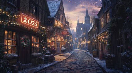 Obraz premium Enchanting Winter Evening in a Medieval European Town