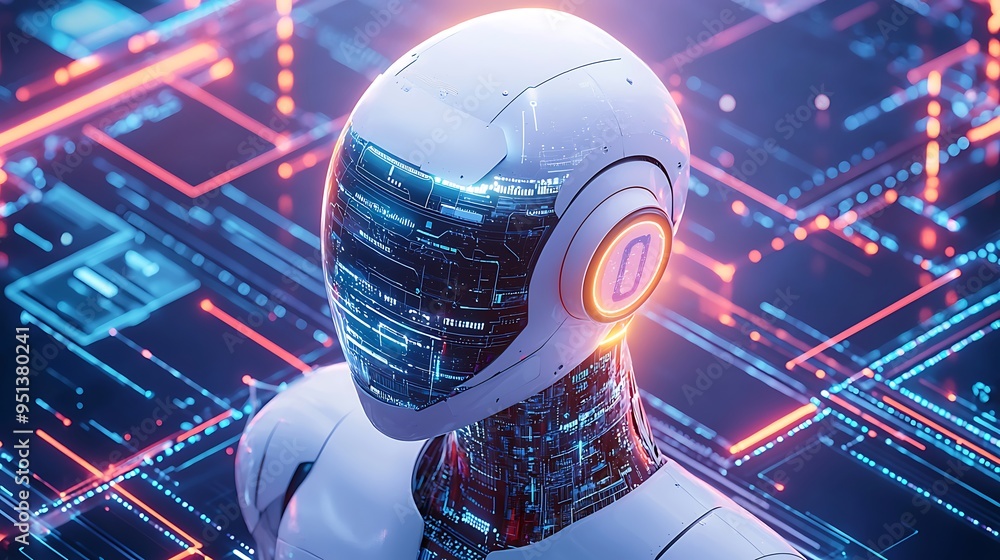 Poster a futuristic ai robot with a digital interface examines the complexities of the modern world.