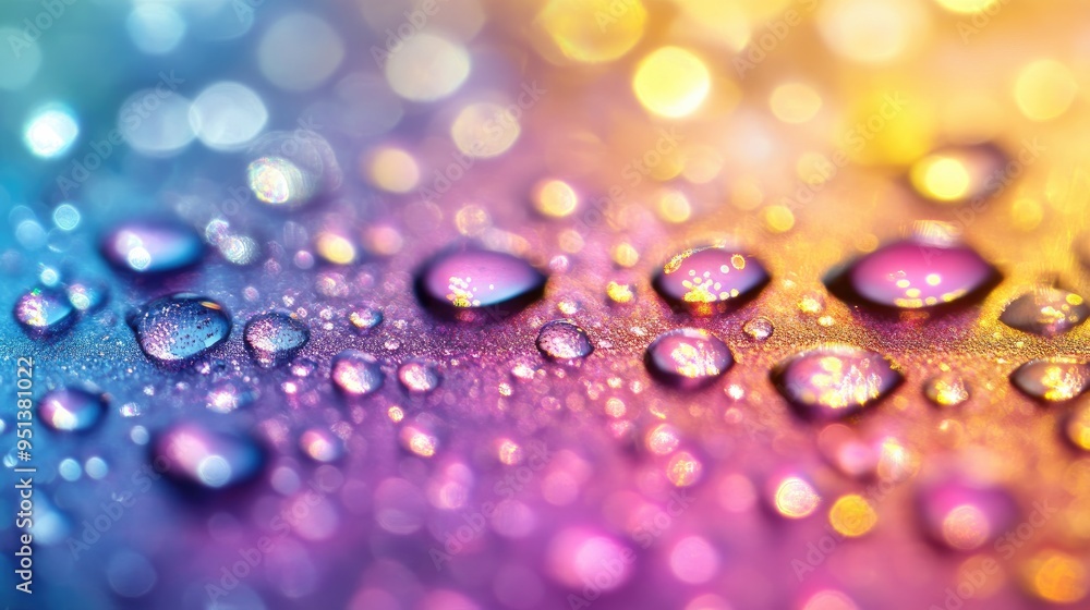 Poster a macro shot of water droplets on a smooth surface, forming perfect dots that reflect light in diffe