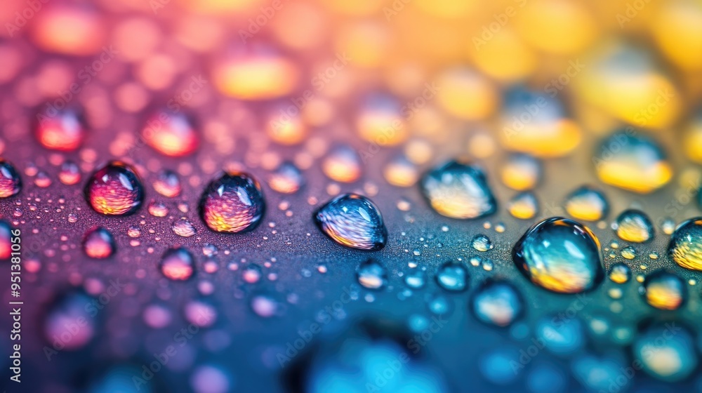 Poster a macro shot of water droplets on a smooth surface, forming perfect dots that reflect light in diffe