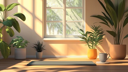 Stylish Morning Routine Scene: Yoga Mat, Houseplants, and Green Tea with Warm Sunlight and Peaceful Atmosphere