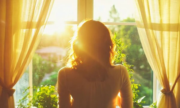 Woman Looking Out Window at Sunset