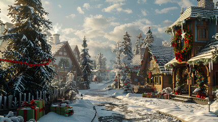 Winter cabin, illustration of a winter landscape, Driveway view of snowy home, a snowy suburban home and garden.