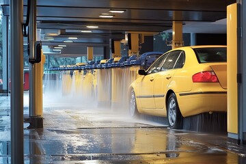 illustration of a car wash place, automated car wash, washing cars using machine