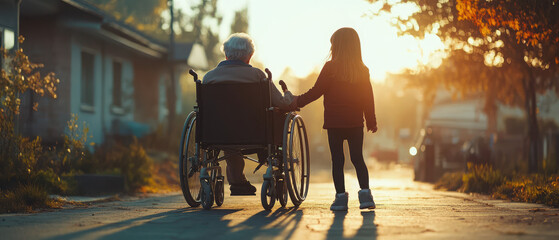 Obraz premium A young girl is standing next to an elderly grandmother in a wheelchair 8k photo 