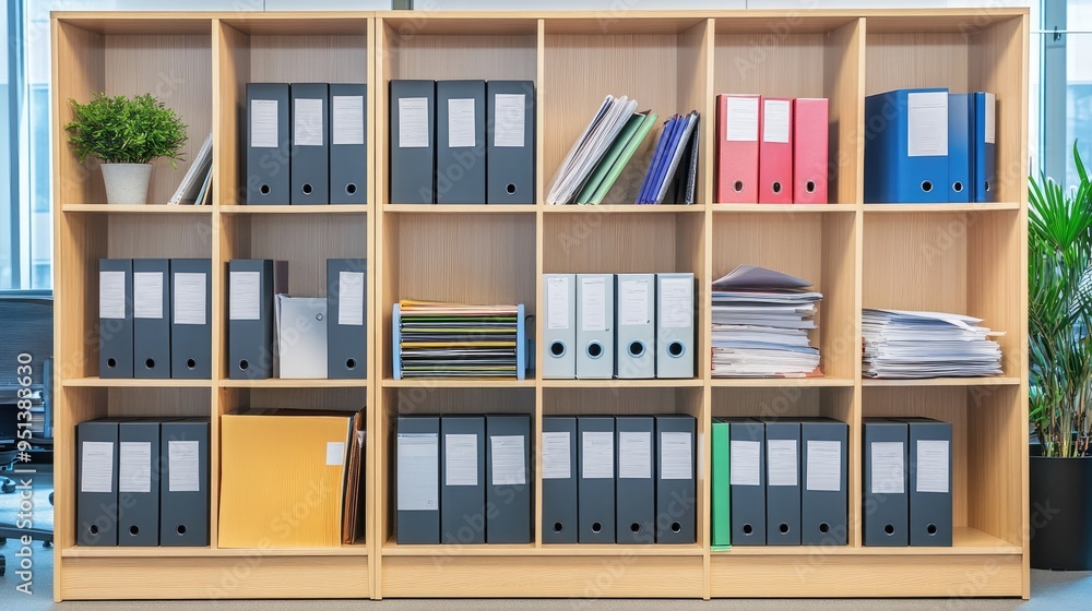 Poster office shelving unit with neatly arranged binders and supplies, epitomizing efficient organization a
