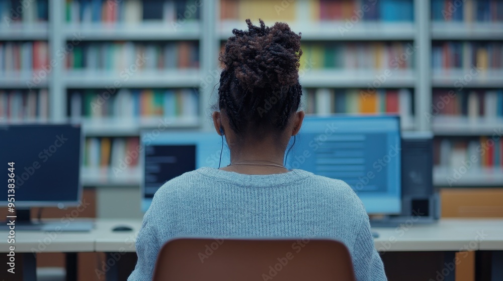 Poster student studying in a university library