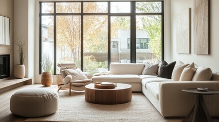 Fototapeta premium A modern cozy living room featuring neutral tones and complementary textures, bathed in bright natural light