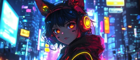 Animated cute anime girl wearing a playful animal costume with a cyberpunk backdrop glowing neon and tech details