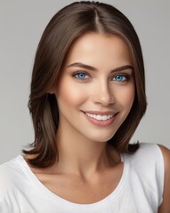 Naklejka premium beautiful woman blue eyes, dark brown thick smooth straight shiny and silky hair, smiling, white t-shirt, white background professional photography in studio
