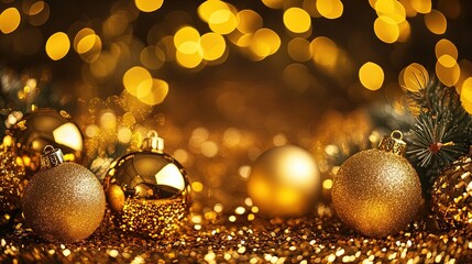 Happy Christmas Light Decorations with Gold Confetti and Bokeh on a Winter Night Background