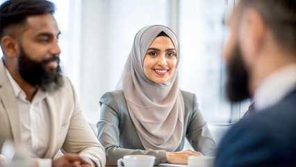 A portrait of a Muslim professional actively participating in an office meeting, showcasing engagement and leadership.
