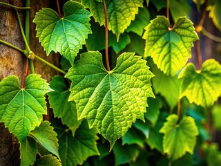 Green leaves on a vine absorb and convert sunlight into energy, fueling growth and sustenance for the ecosystem's intricate web of life and interconnected processes.