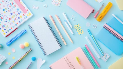 A flat lay of dotted stationery items, including notebooks, pens, and stickers, ready for creative projects -