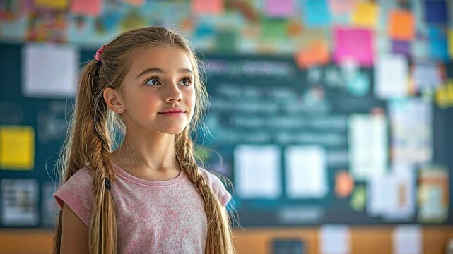 Caucasian female answering homework during class while standing near the board and reciting English grammar rules