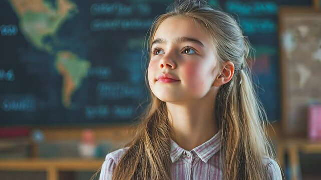 Caucasian female answering homework during class while standing near the board and reciting English grammar rules