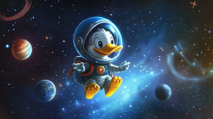 Naklejka premium A cute cartoon duck astronaut, floating in space with a helmet on, surrounded by stars and planets