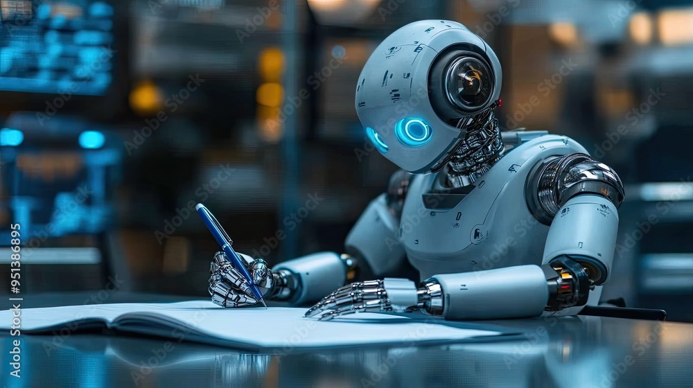 Poster a robot resembling chatgpt writing on paper with a pen, bridging the gap between ai and traditional 