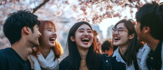 Group of joyful Japanese friends celebrating with laughter and shared moments in a serene cherry blossom park