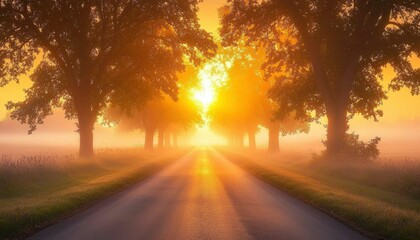Sun-Drenched Path Through Foggy Trees at Sunrise