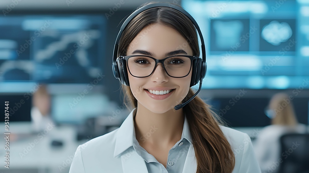 Poster professional customer service agent assisting client with approachable attitude - medium shot front 