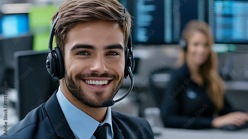 Poster smiling technical support representative assisting customer - clear and realistic medium shot portra