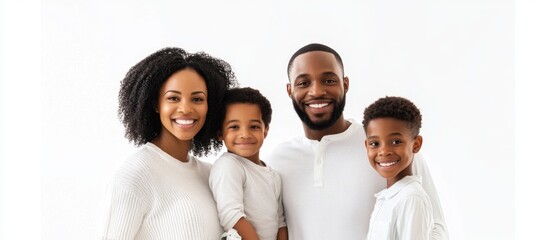 Black family standing together in casual outfits isolated on white background happy expressions and warm connection