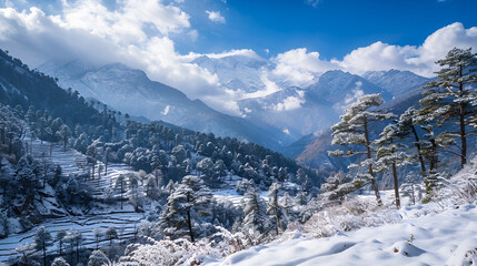 Snowy landscape with a mountain and trees in the background ai generative..