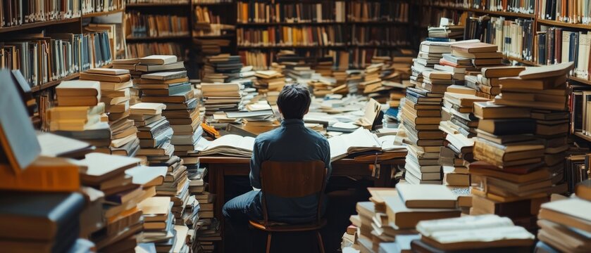Individual surrounded by books and papers deep in research searching for information in a quiet library setting