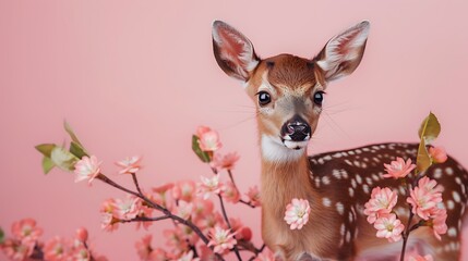 Adorable small fawn with flowers on a pink backdrop