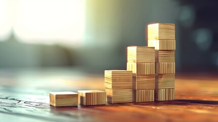 Wooden Blocks Model Data Growth Graph Finance over table and free copy space for your text banner. 3D Render illustration