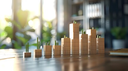 Wooden Blocks Model Data Growth Graph Finance over table and free copy space for your text banner. 3D Render illustration