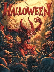 female demon in hell on halloween. inscription "HALLOWEEN"