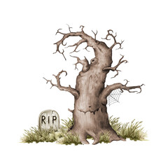 Fototapeta premium Old dry thick tree with grass stone grave at the foot. Vintage style hand drawn tree with curved branches no leaves with tomb beneath scary landscape element. Old crooked oak with bald twigs isolated