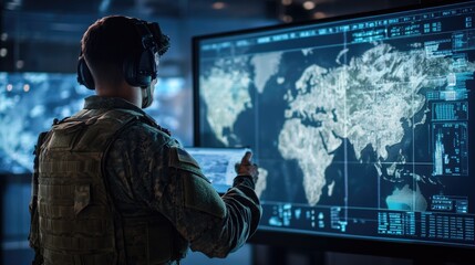 Naklejka premium A soldier analyzing maps and screens in a modern war room, focusing on tactical operations