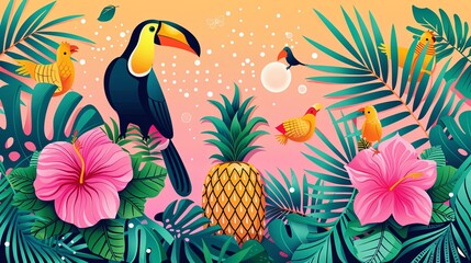 Naklejka premium Tropical summer beach patchwork seamless pattern. Vector jungle palm tree, leopard, doodle elements, stripes, polka dots, toucan bird, pineapple. Cute exotic print, hawaii background, wallpaper