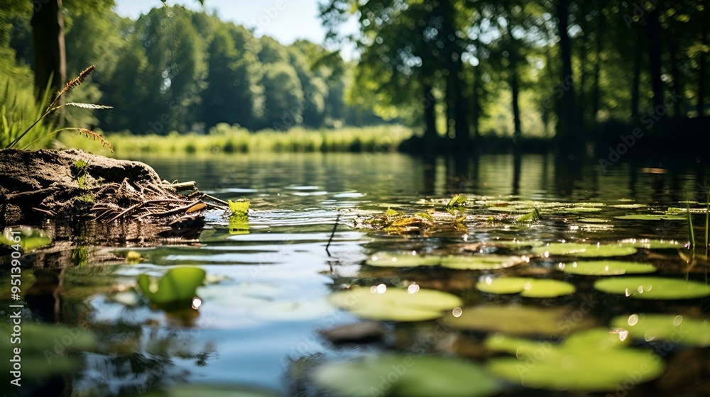 Poster a lake with lily pads and a log.