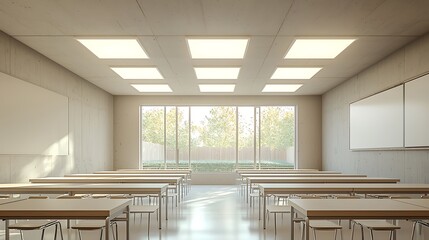 Fototapeta premium A modern classroom with large windows and white walls provides a bright and welcoming space.
