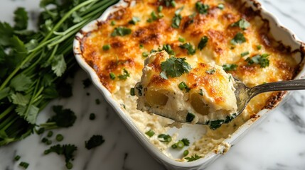 A spoon lifts cheesy potato gratin lasagna from a casserole on a marble surface, surrounded by fresh cilantro and scallion