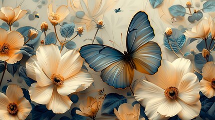Vintage cottagecore background with flowers and butterflies. Floral vector seamless pattern. Trendy retro aesthetic background. Light limited palette seamless print