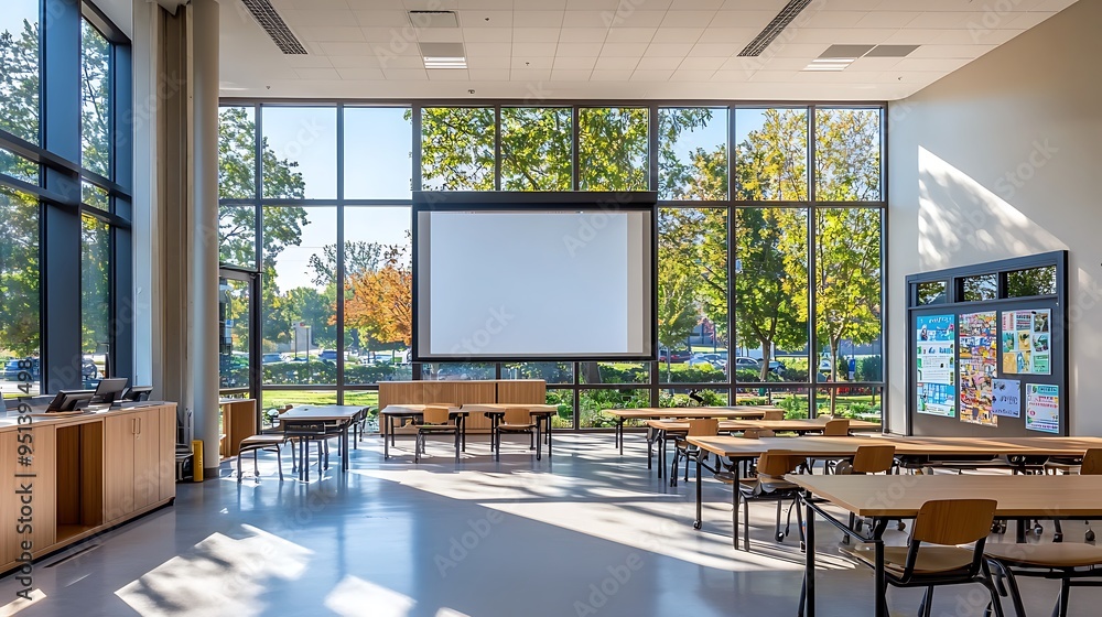 Poster a modern classroom with large windows and a projection screen is set for learning and collaboration.